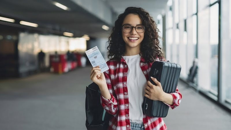 Joven sonriente mostrando su visa de estudiante, representando el proceso de selección entre las visas M-1 y F-1 para estudiar en EE. UU.