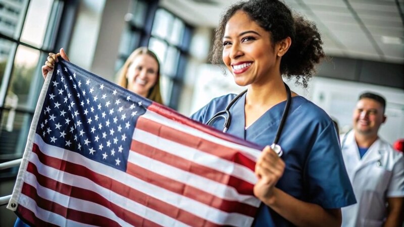 Smiling nurse holding the U.S. flag, symbolizing the immigration and visa process for nurses in the U.S.