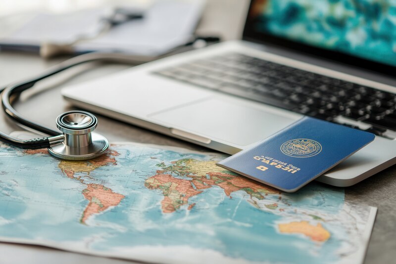 doctor h1b visa Stethoscope, passport, and world map on a table, representing international medical travel planning and physician visas.