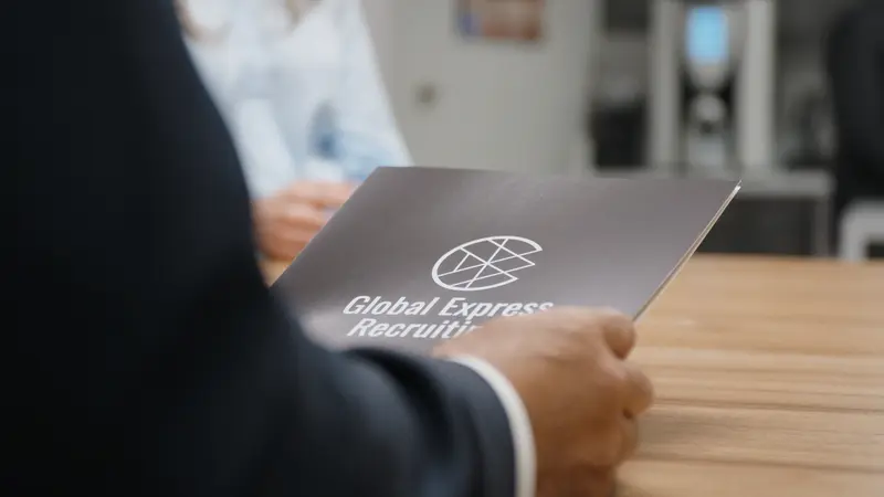 Person holding a dark brown corporate brochure featuring the white Global Express Recruiting logo